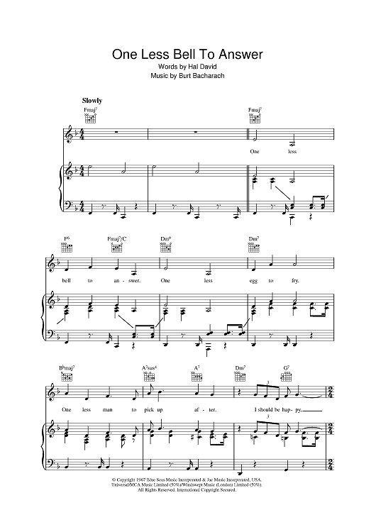 One Less Bell To Answer" Sheet Music by Burt Bacharach for Piano/Vocal/Chords Sheet Music Now