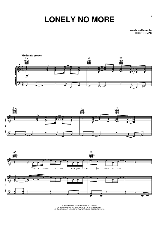 Lonely No More" Sheet Music by Rob Thomas for Piano/Vocal 