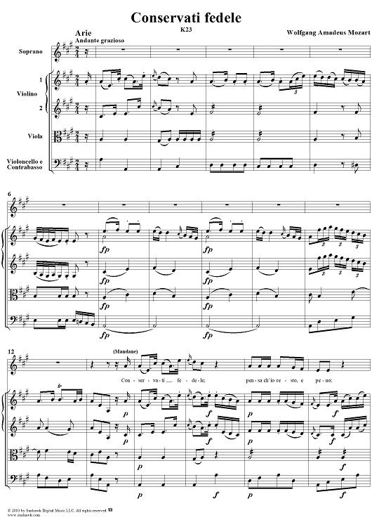 "Conservati fedele", aria, K23 - Full Score