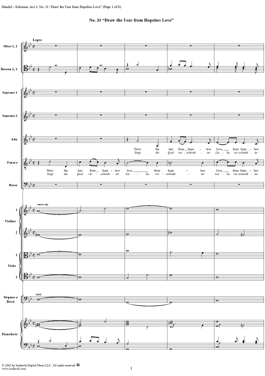Draw the tear from hopeless love, No. 31 from Oratorio "Solomon", Act 3 (HWV67)