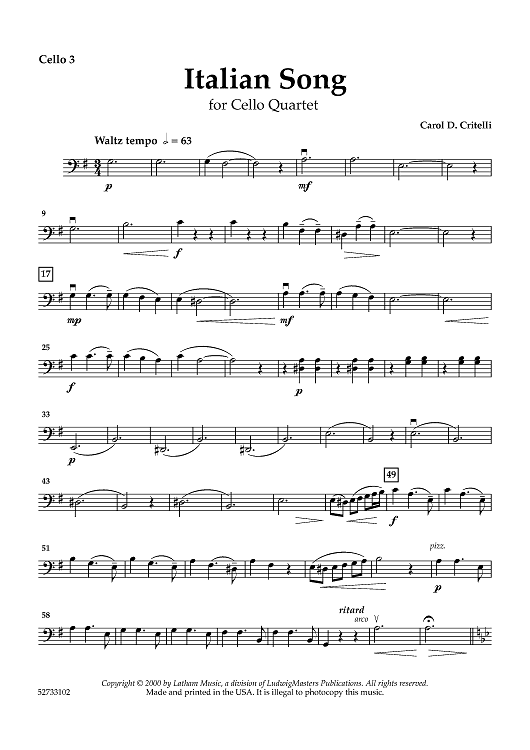 Italian Song for Cello Quartet - Cello 3