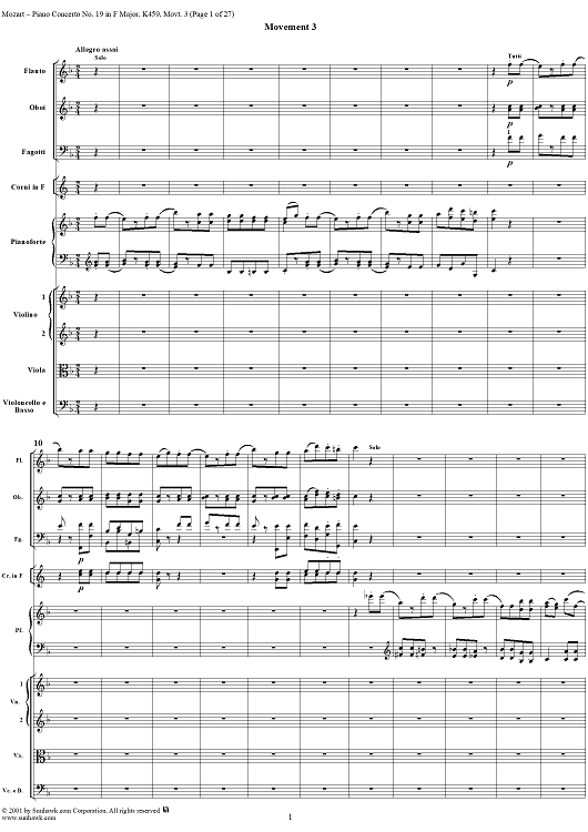 Piano Concerto No. 19 in F Major, Movement 3 (K459) - Full Score