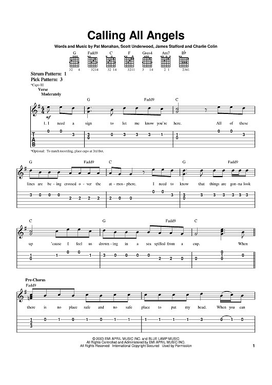 Calling All Angels" Sheet Music by Train for Easy Guitar Tab Sheet