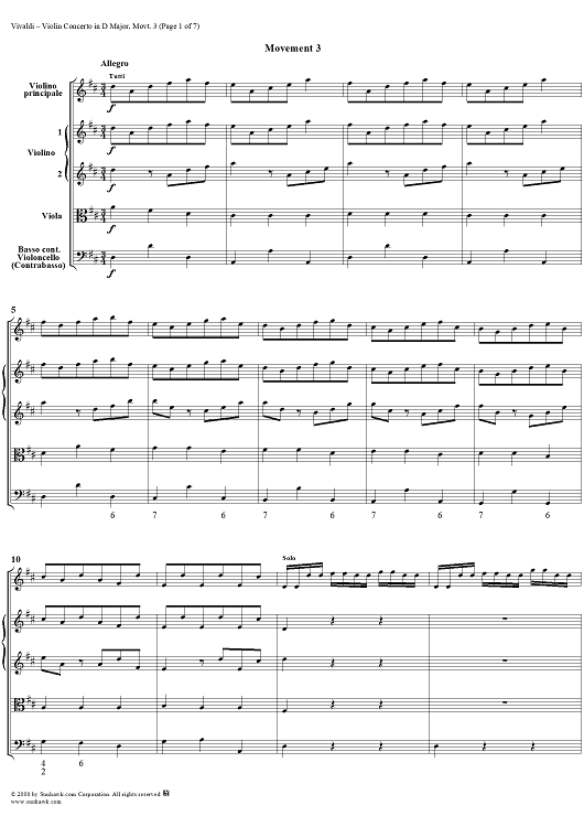 Violin Concerto in D Major, Movt. 3  Op. 7 No. 12   RV214 - Score
