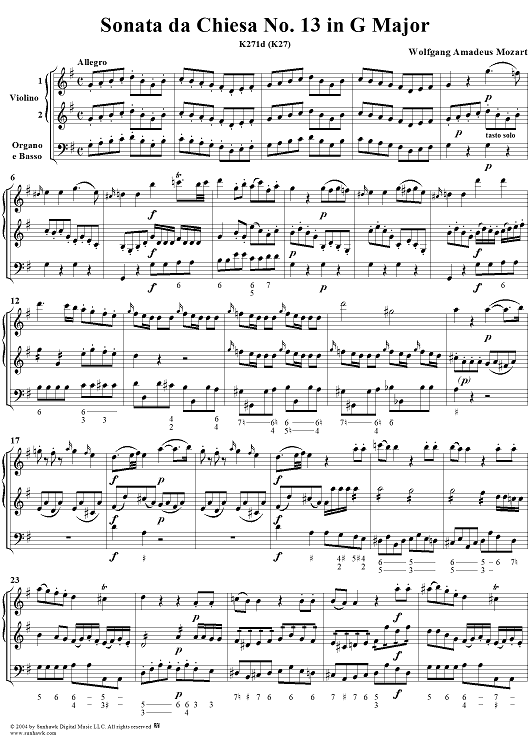 Sonata da Chiesa No. 13 in G Major, K271d (K274) - Full Score