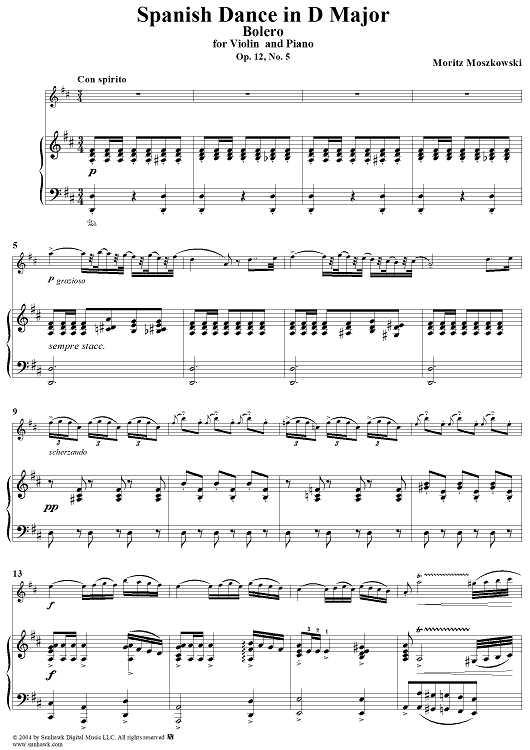 Spanish Dance in D Major, Op. 12, No. 5 - Piano Score