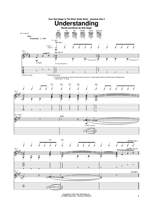 Understanding" Sheet Music by Bob Seger for Guitar Tab Sheet Music Now