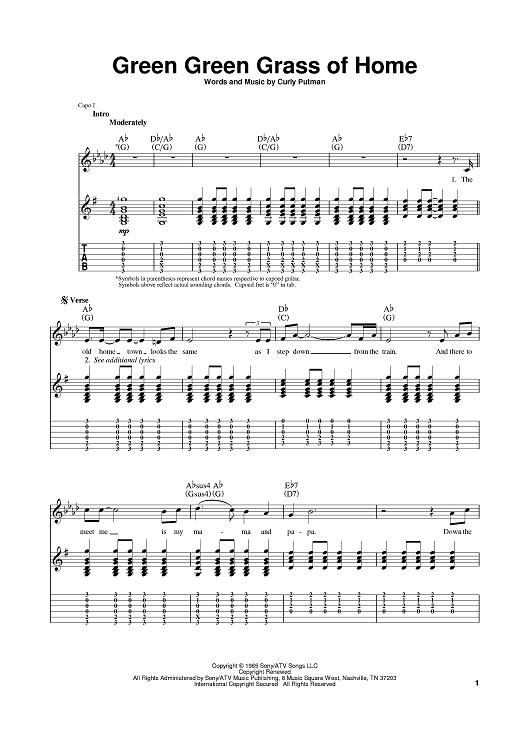 Green Green Grass Of Home" Sheet Music by Elvis Presley; Tom Jones for  Guitar Tab
