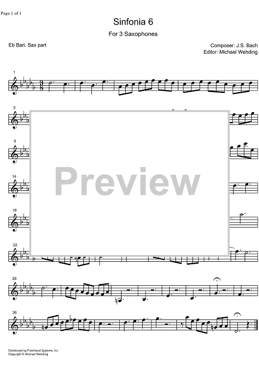 Three Part Sinfonia No. 6 BWV 792 E Major - E-flat Baritone Saxophone