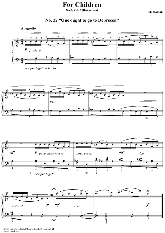 "For Children", piano pieces, Vol. II (Hungarian), Nos. 22 - 42