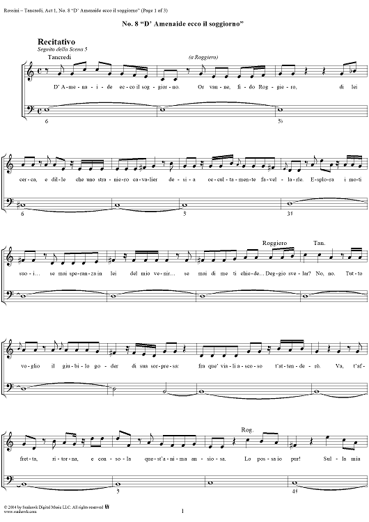 D' Amenaide ecco il soggiorno: No. 8 from "Tancredi", Act 1, Scene 5 - Score