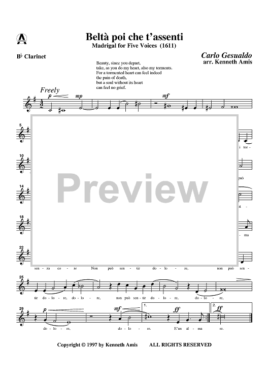 Belta poi che t'assenti - Clarinet in B-flat