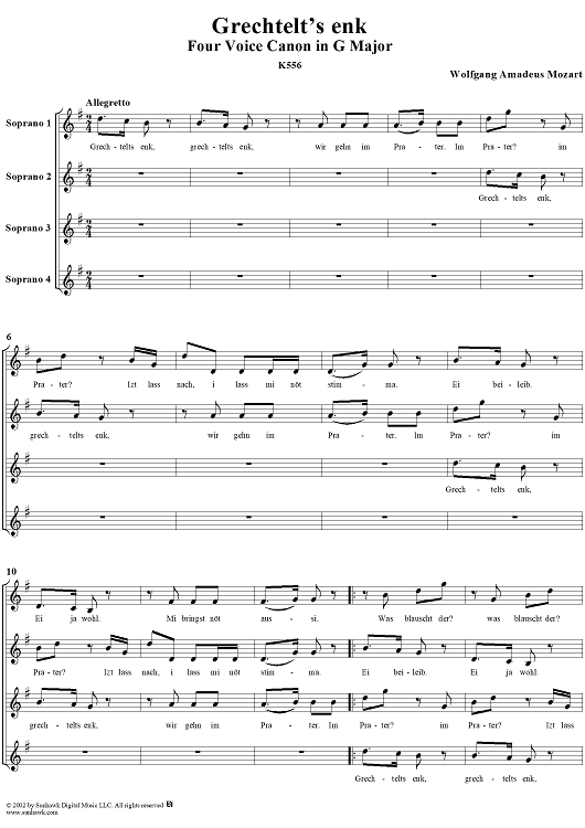 Grechtelt's enk, four voice canon in G Major, K556