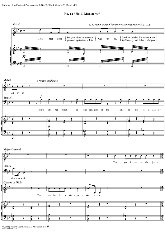 The Pirates of Penzance - Act I, No. 12: Hold, Monsters! - Vocal Score