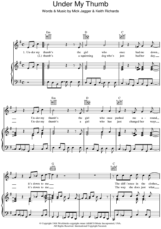 Under My Thumb" Sheet Music by The Rolling Stones for Piano/Vocal
