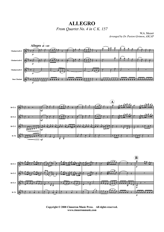 Allegro from Quartet No. 4 in C, K. 157 - Score