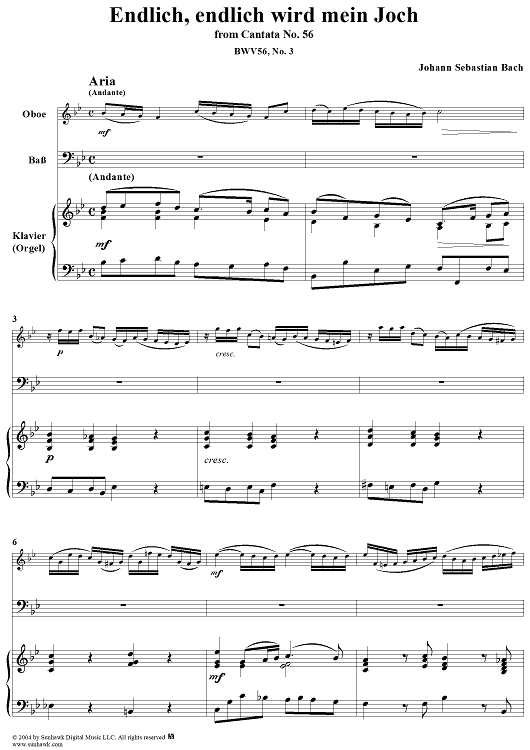 "Endlich, endlich wird mein Joch", Aria, No. 3 from Cantata No. 56: "Ich will den Kreuzstab gerne tragen" - Piano Score