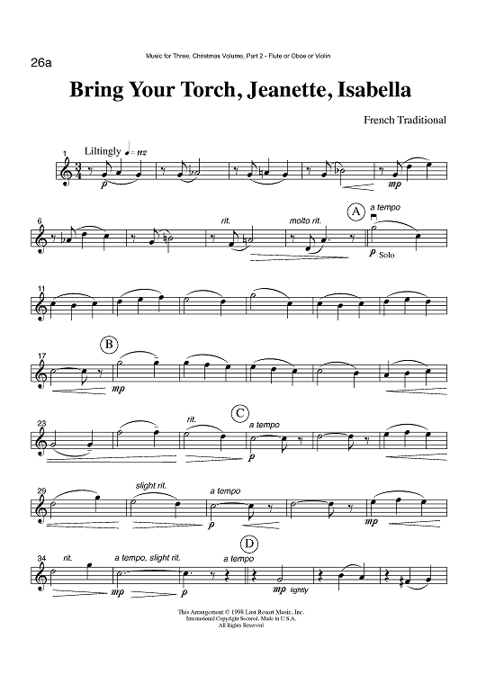 Bring Your Torch, Jeanette, Isabella - Part 2 Flute, Oboe or Violin