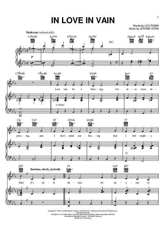 In Love In Vain" Sheet Music by Jerome Kern; Mildred Bailey for Piano