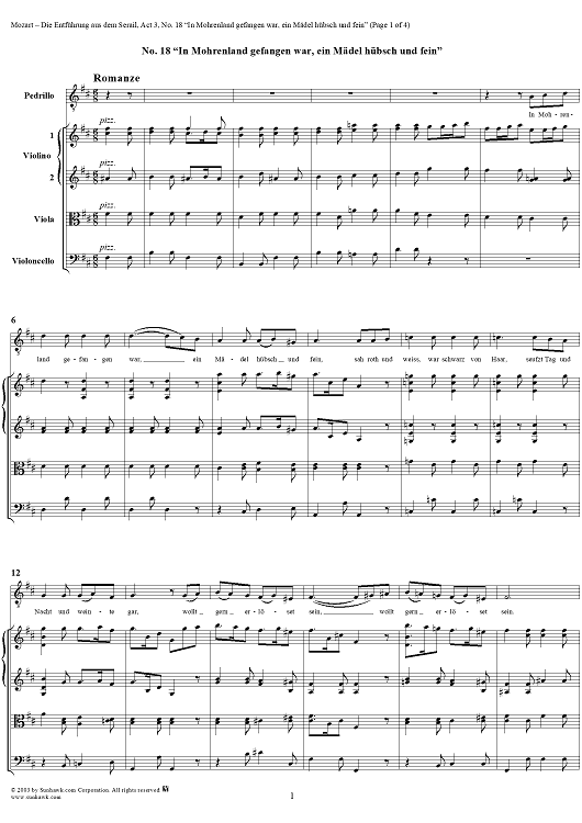 "Die Entführung aus dem Serail", Act 3, No. 18 "In Mohrenland gefangen war ein Mädel hübsch und fein" - Full Score