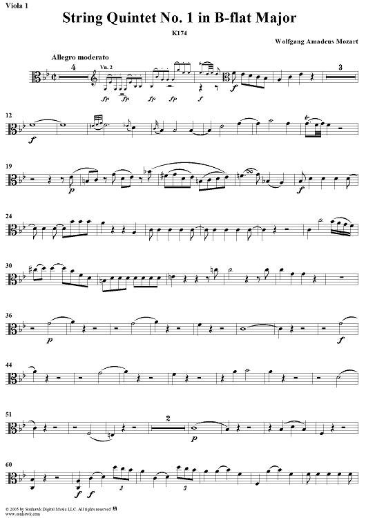 String Quintet No. 1 in B-Flat Major, K174 - Viola 1