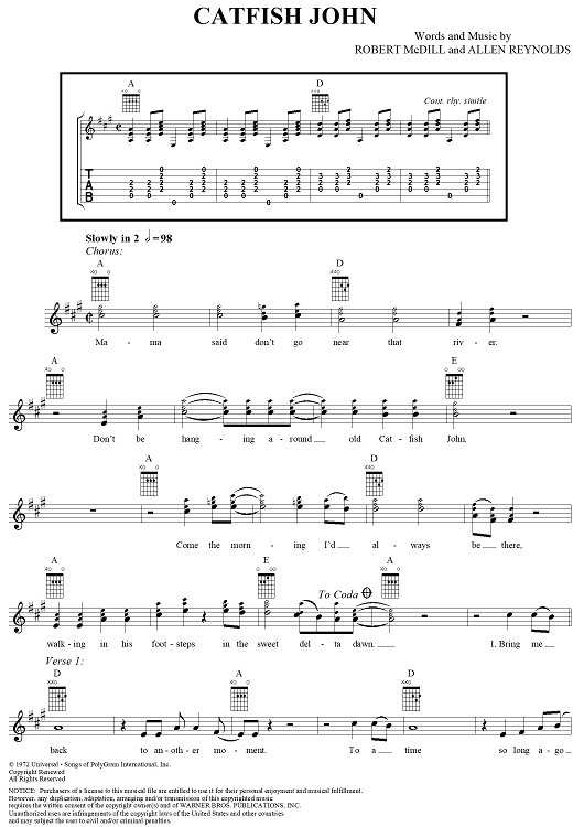 Catfish John" Sheet Music by Jerry Garcia for Easy Guitar Tab/Vocal