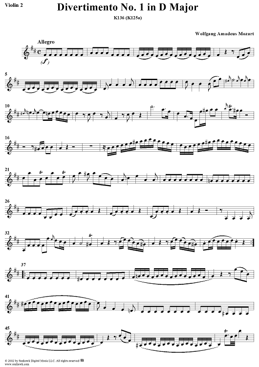 Divertimento No. 1 in D Major, K136 - Violin 2
