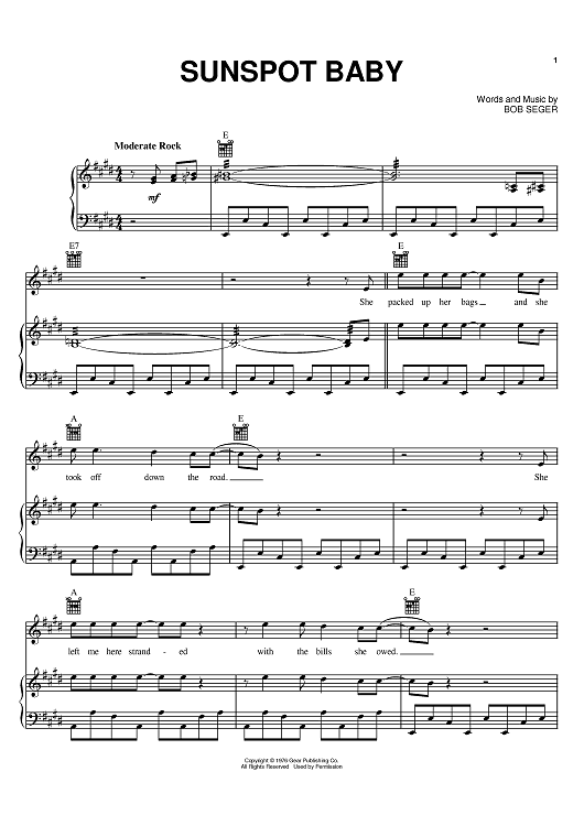 Sunspot Baby" Sheet Music by Bob Seger for Piano/Vocal/Chords Sheet