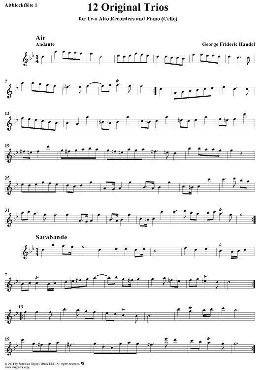 12 Original Trios for Two Alto (F) Recorders and Piano - Alto Recorder 1