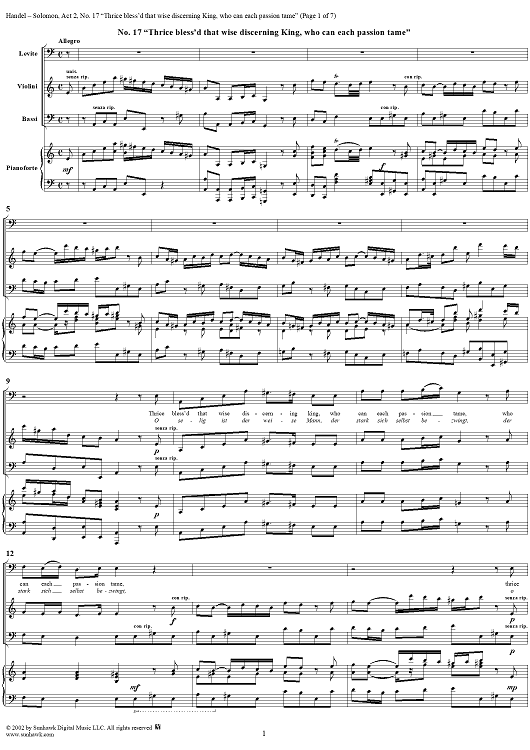 Thrice bless'd that wise discerning King, who can each passion tame, No. 17 from Oratorio "Solomon", Act 2 (HWV67)