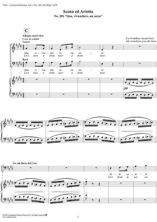 La forza del destino, Act 3, Nos. 20b and 20c, Scene and Aria. "Qua, vivandiere, un sorso" and "A buon mercato" - Score