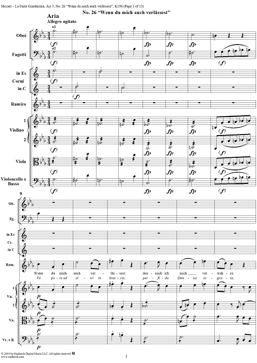 La Finta Giardiniera, Act 3, No. 26 "Wenn du mich auch verlässest" (Aria) - Full Score
