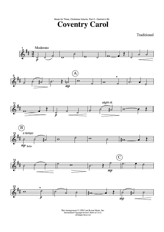 Coventry Carol - Part 2 Clarinet in Bb
