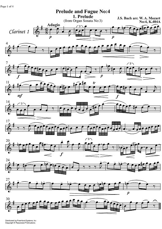 Prelude and Fugue No. 4 KV404A - Clarinet 1