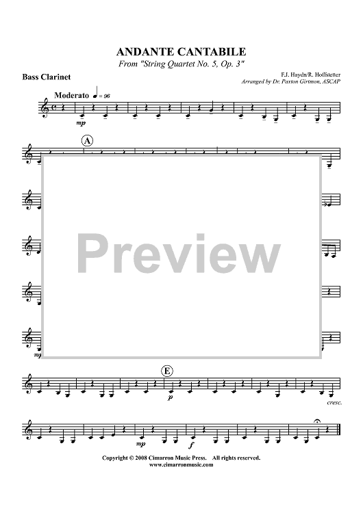 Andante Cantabile from "String Quartet No. 5, Op. 3" - Bass Clarinet