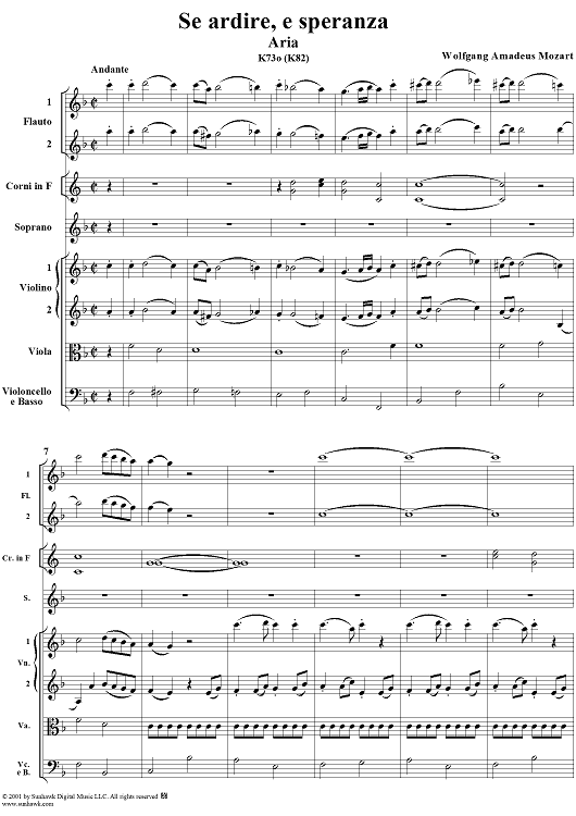 Aria for Soprano and Orchestra: "Se ardire, e speranza", K. 82 (K72o) - Full Score