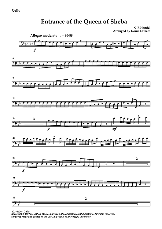 Entrance of the Queen of Sheba - Cello