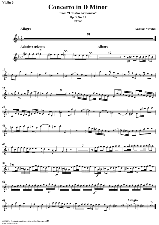 Concerto in D Minor - Violin 3