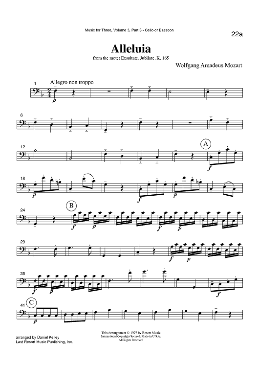 Alleluia - from the motet Exsultate, Jubilate, K. 165 - Part 3 Cello or Bassoon