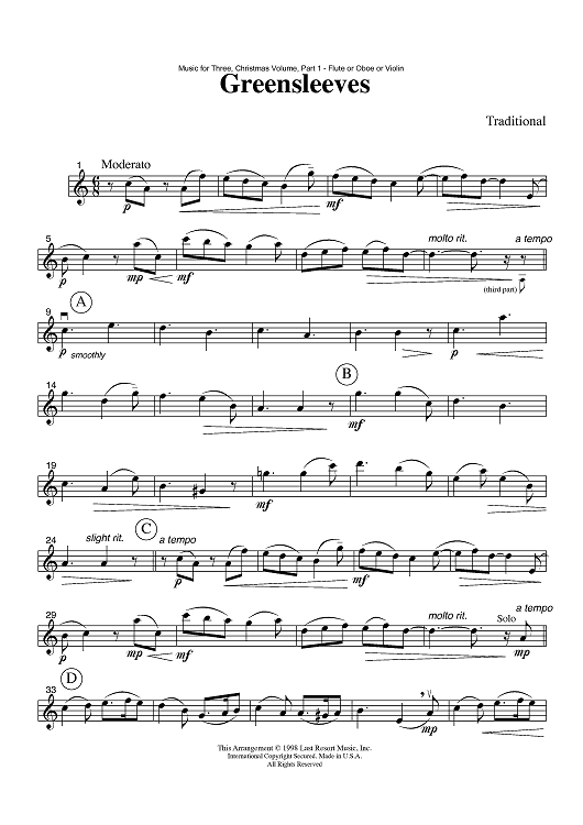 Greensleeves - Part 1 Flute, Oboe or Violin