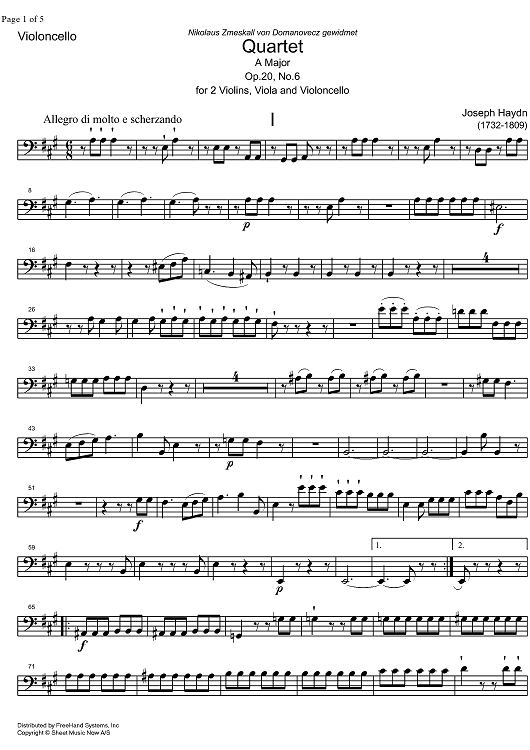String Quartet A Major Op.20 No. 6 - Cello