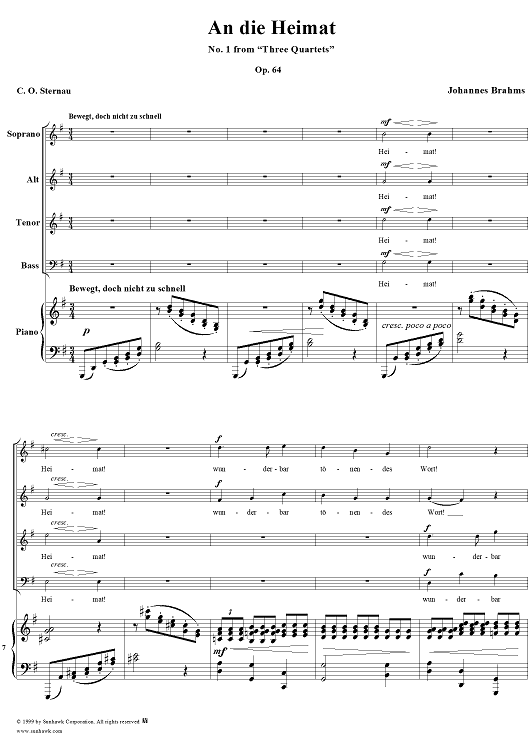 An die Heimat - No. 1 from "Three Quartets, Op.64"