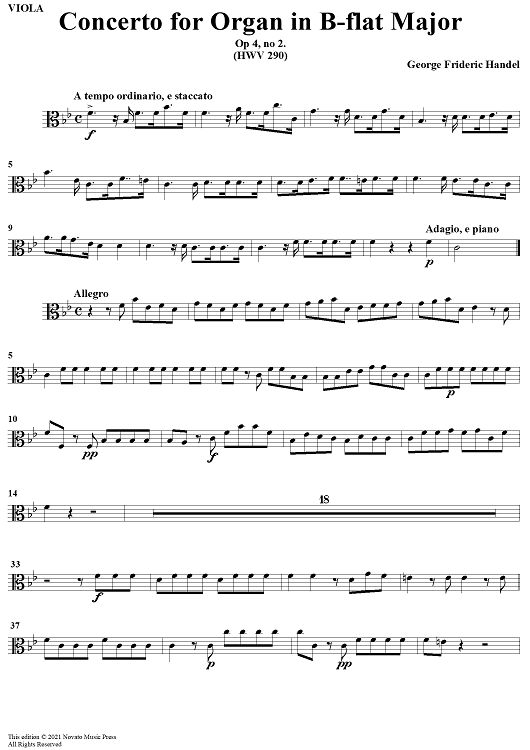 Concerto for Organ in Bb Major, Op 4, No. 2 (HMV 290) - Viola