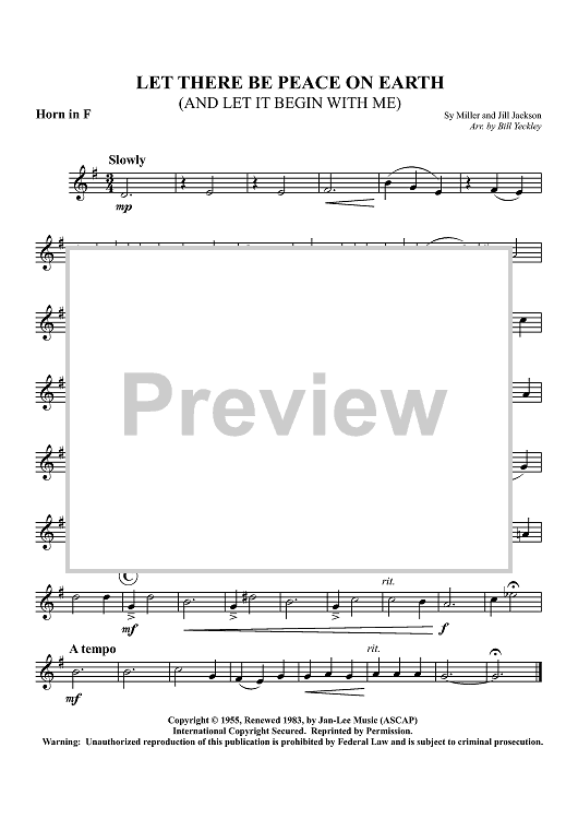 Let There Be Peace on Earth (and Let It Begin With Me) - Horn in F