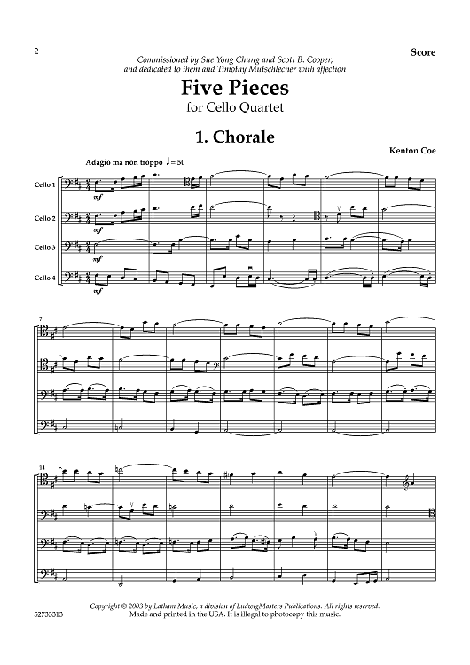 Five Pieces for Cello Quartet - Score