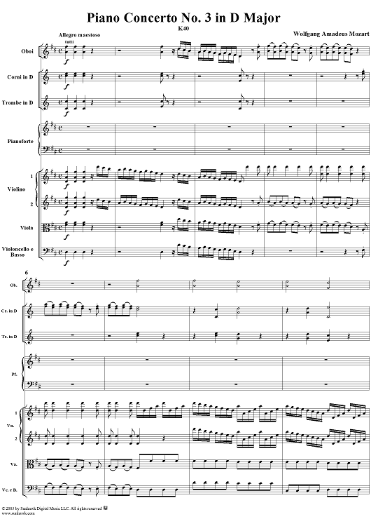 Piano Concerto No. 3 in D Major, K40 - Full Score