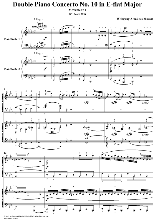 Double Piano Concerto No. 10 in E-flat Major, K316a (K365), Movement 1