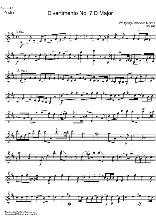 Divertimento No. 7 D Major KV205 - Violin
