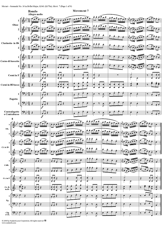 Serenade no. 10 in B-Flat Major, Movement 7, K361(K370a)  ("Gran Partita") - Full Score