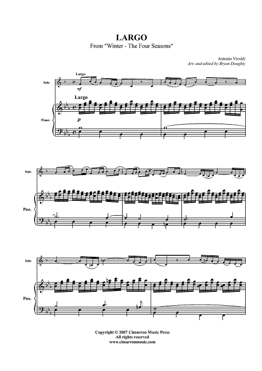 Largo from "Winter - The Four Seasons" - Piano Score